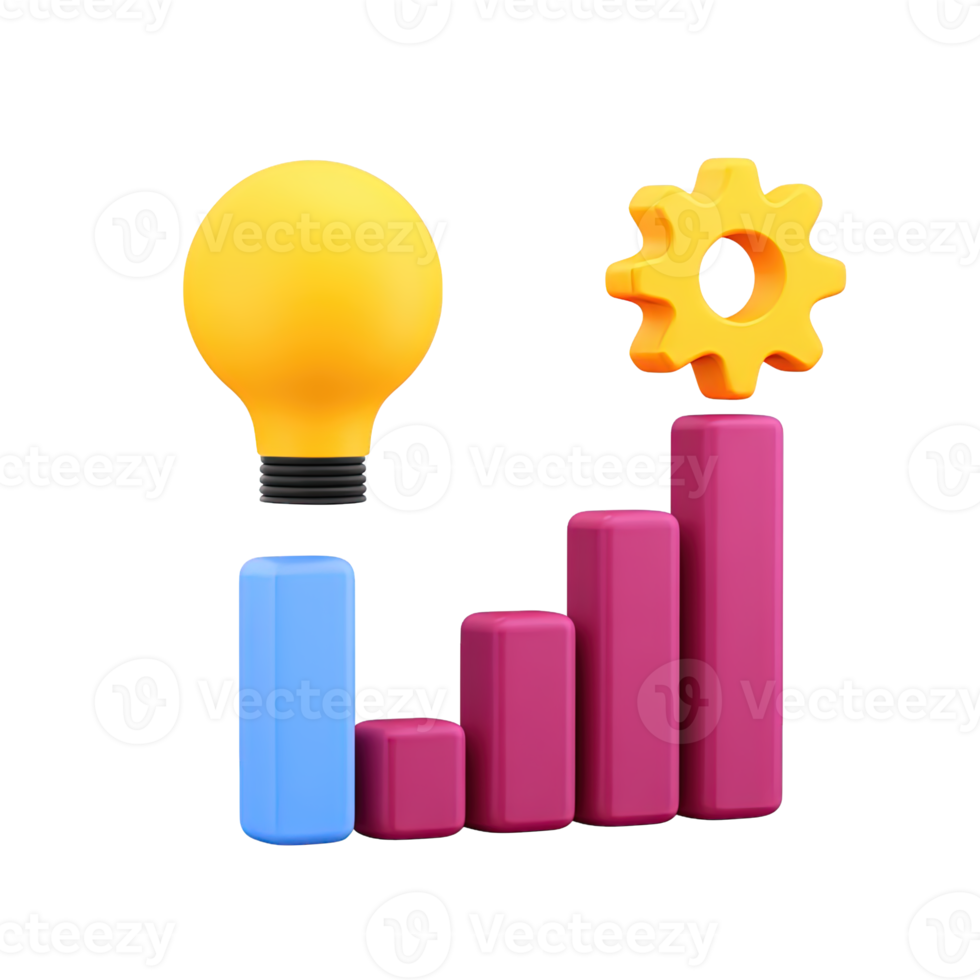 3D bar chart with glowing lightbulb and gear representing innovative ideas and strategic development Isolated rendered graphic for business progress and project growth concepts png
