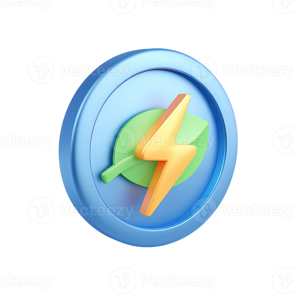 3D circular emblem green leaf and lightning bolt for green energy eco-friendly power sustainable electricity Isolated rendered graphic for renewable resource environment png