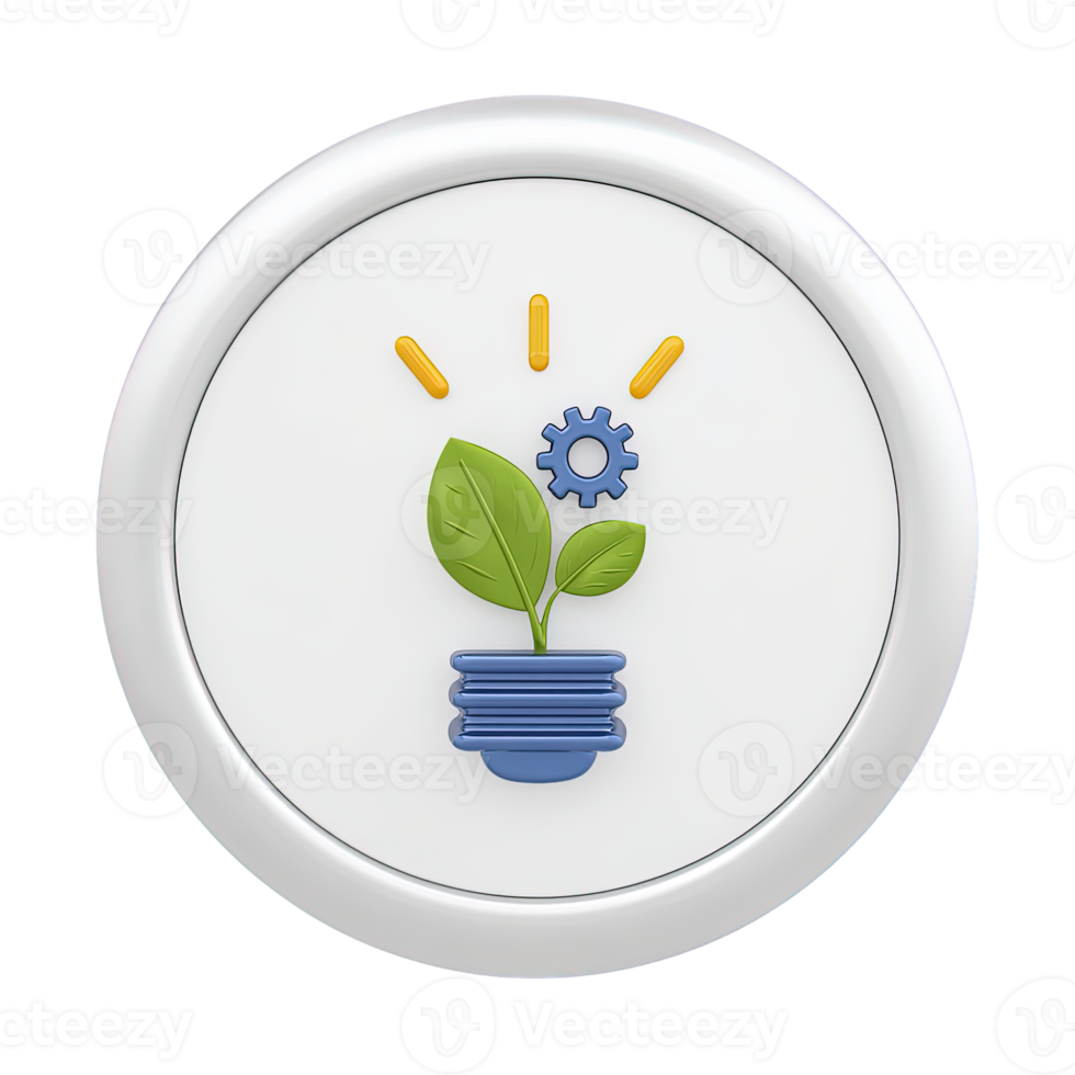 3D lightbulb with green plant inside on circular base for innovative eco-friendly ideas and sustainable energy Isolated rendered graphic for green growth concepts png