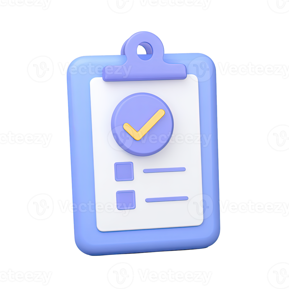 Simple 3D clipboard with large checkmark minimal lines for task completion or approved document Isolated rendered graphic for finalized checklist and clarity png