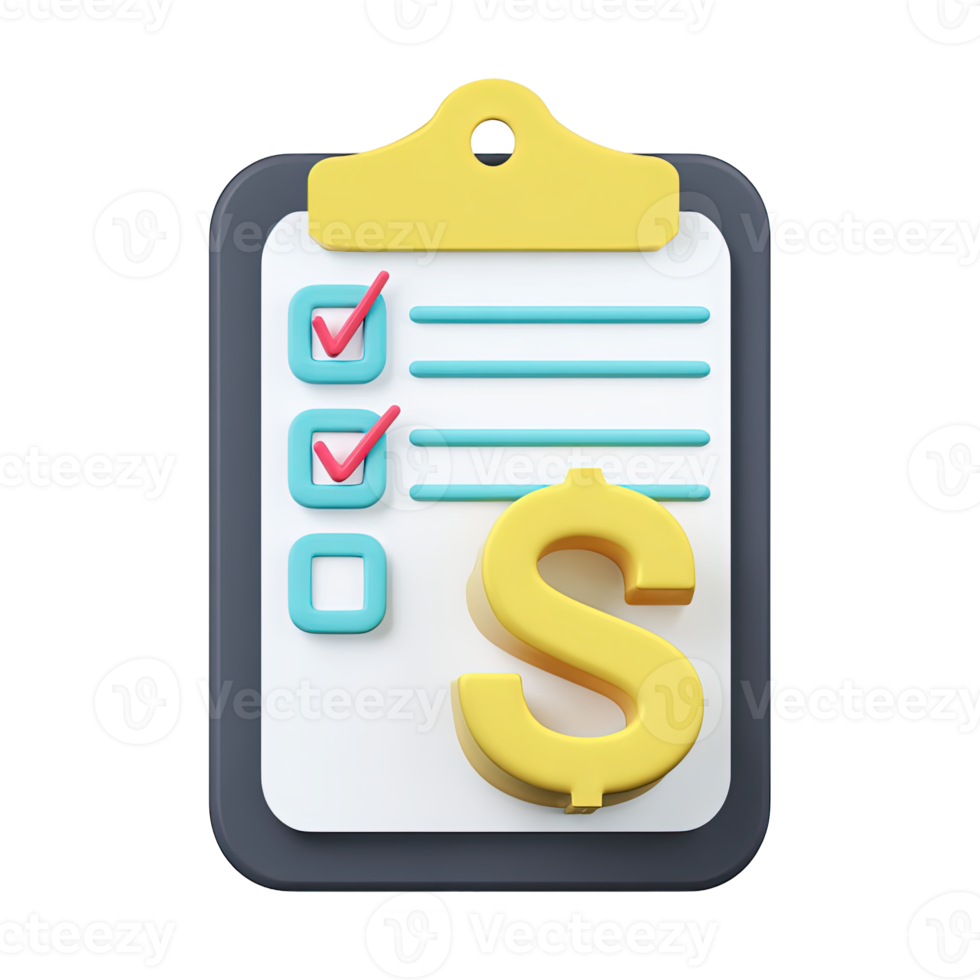 3D clipboard checklist red checkmarks gold dollar sign for financial report expense tracking budget Isolated rendered graphic for invoice processing finance png