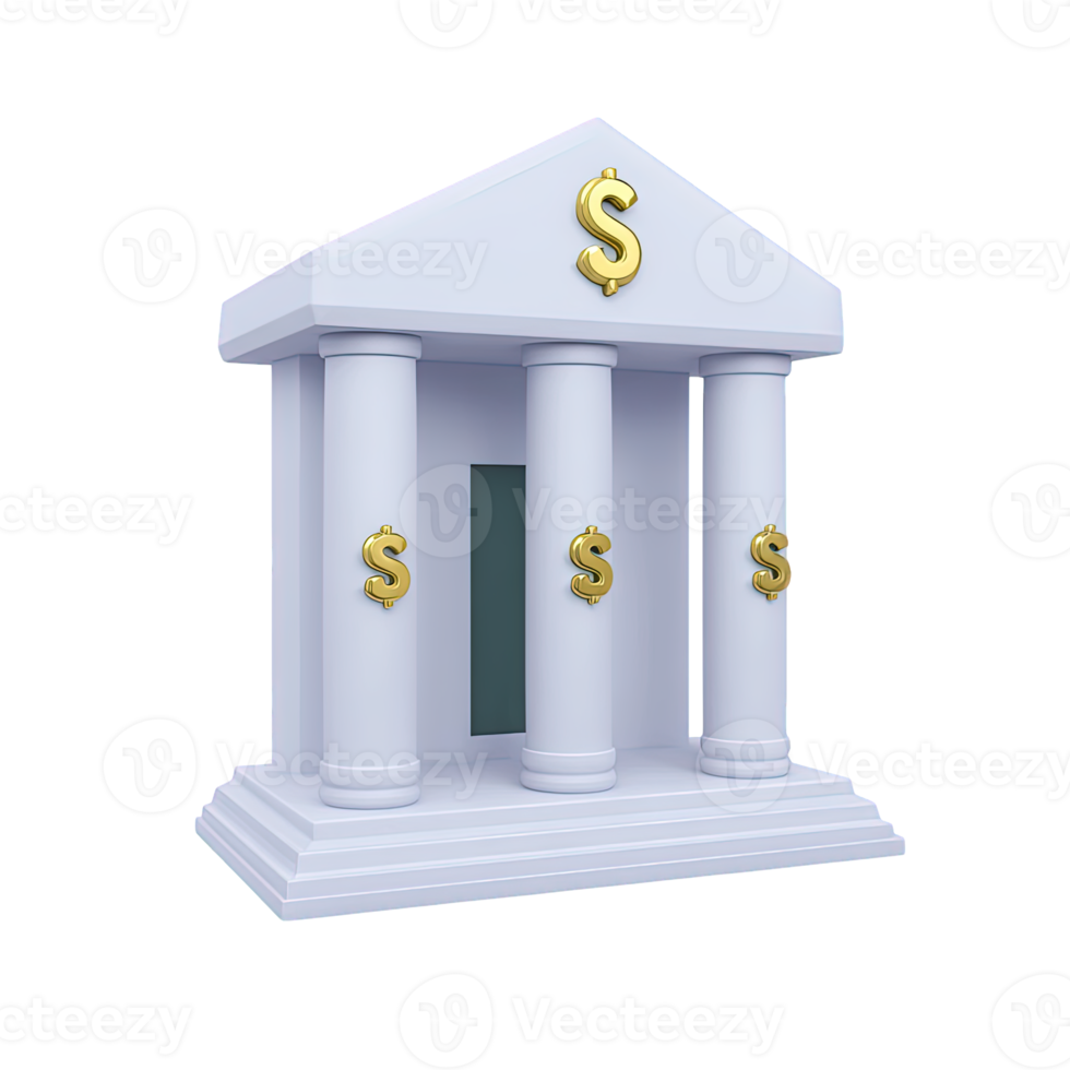 Elegant white 3D bank building with gold dollar signs symbolizing financial prosperity and wealth Isolated rendered graphic for secure investments banking and economic concepts png