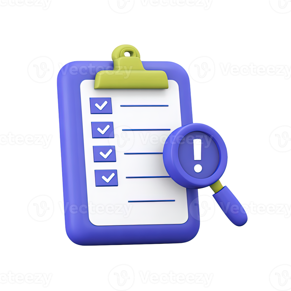 Purple 3D clipboard checklist magnifying glass exclamation for critical review or issue detection in audit Isolated rendered graphic for urgent task alert and problem png