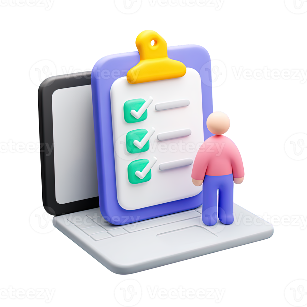3D laptop with clipboard checklist person icon for online survey digital form remote task management Isolated rendered graphic for user feedback collection png