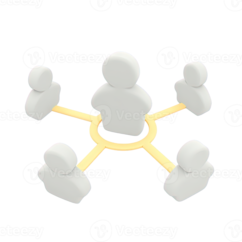3D icon central person connected to others for social networks team leadership or organization Isolated rendered graphic for community structure and connections png