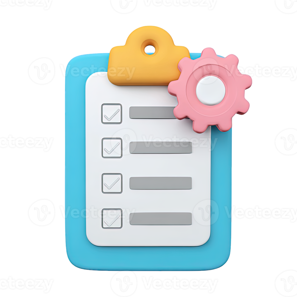 Blue 3D clipboard checklist pink gear for task list config or project workflow setting Isolated rendered graphic for process management tool and planning png
