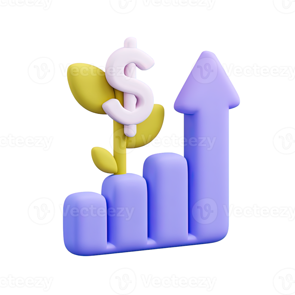 Purple 3D bar chart with upward arrow plant with dollar sign symbolizing financial growth and investment Isolated rendered graphic for sustainable business and profit concepts png