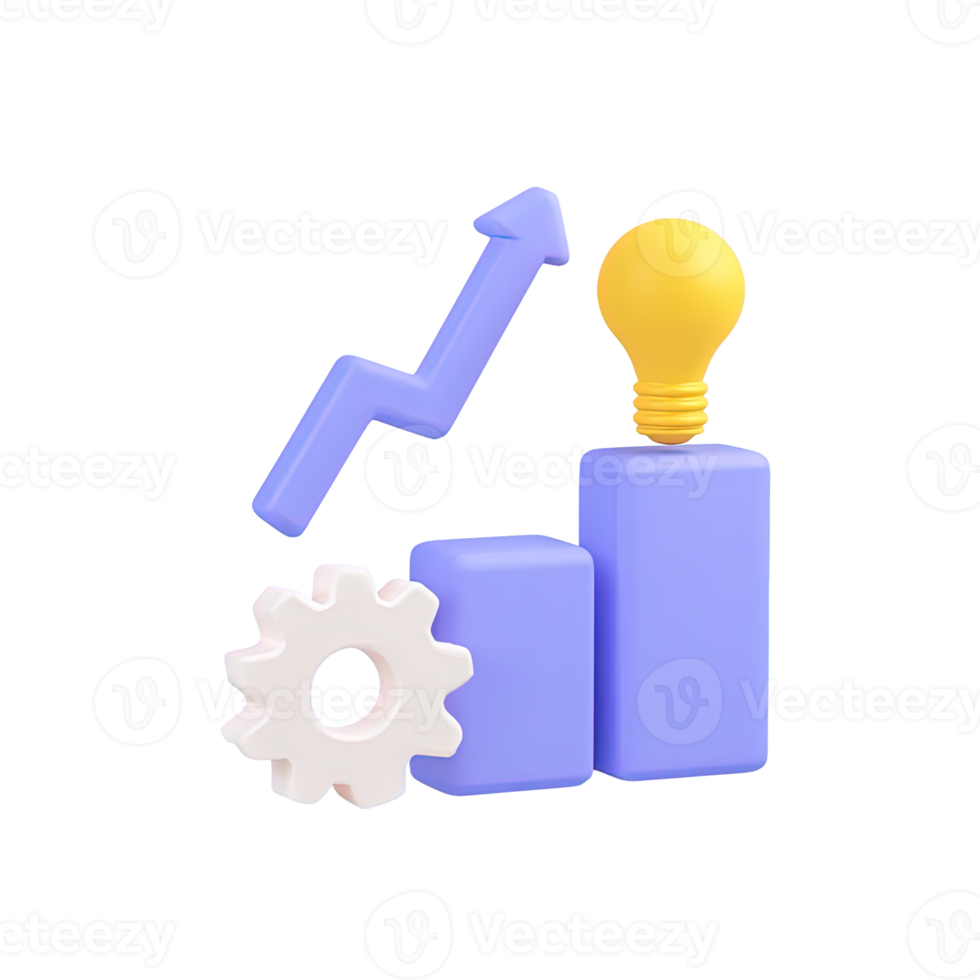 3D bar chart with rising arrow lightbulb and gear for growth through innovative ideas and strategy Isolated rendered graphic for efficient processes and development concept png