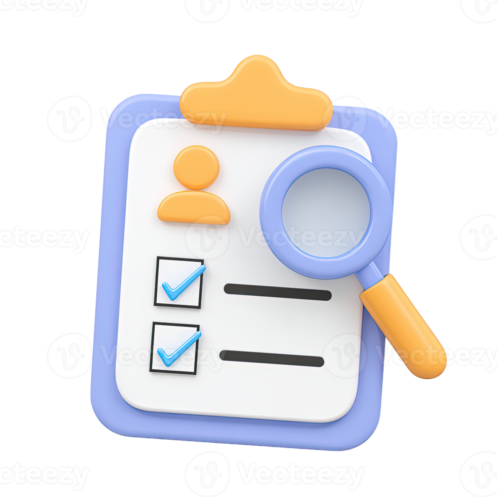 Blue 3D clipboard checklist person icon magnifying glass for HR candidate screen employee review Isolated rendered graphic for customer data analysis task png
