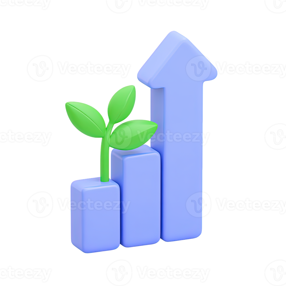 Blue 3D bar chart with upward arrow and green leaves representing business growth and development Isolated rendered graphic for flourishing investments and positive trends png