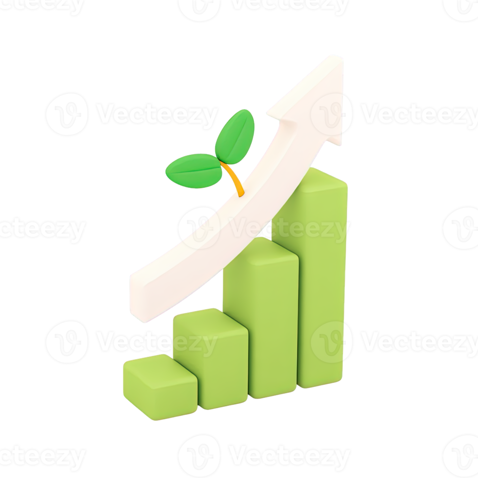Green 3D bar chart with upward arrow and leaves symbolizing sustainable growth and eco-friendly investment Isolated rendered graphic for environmental progress and green economy png