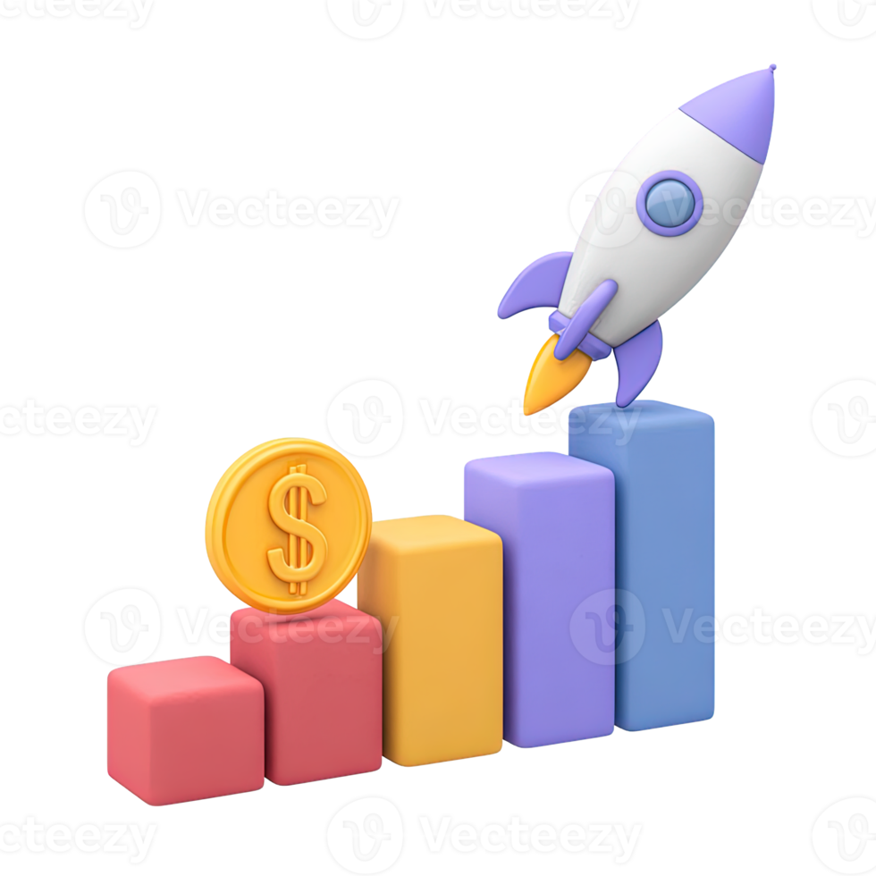 3D bar chart with ascending bars gold dollar coin and rocket illustrating financial growth and investment Isolated rendered graphic for business expansion and success concepts png