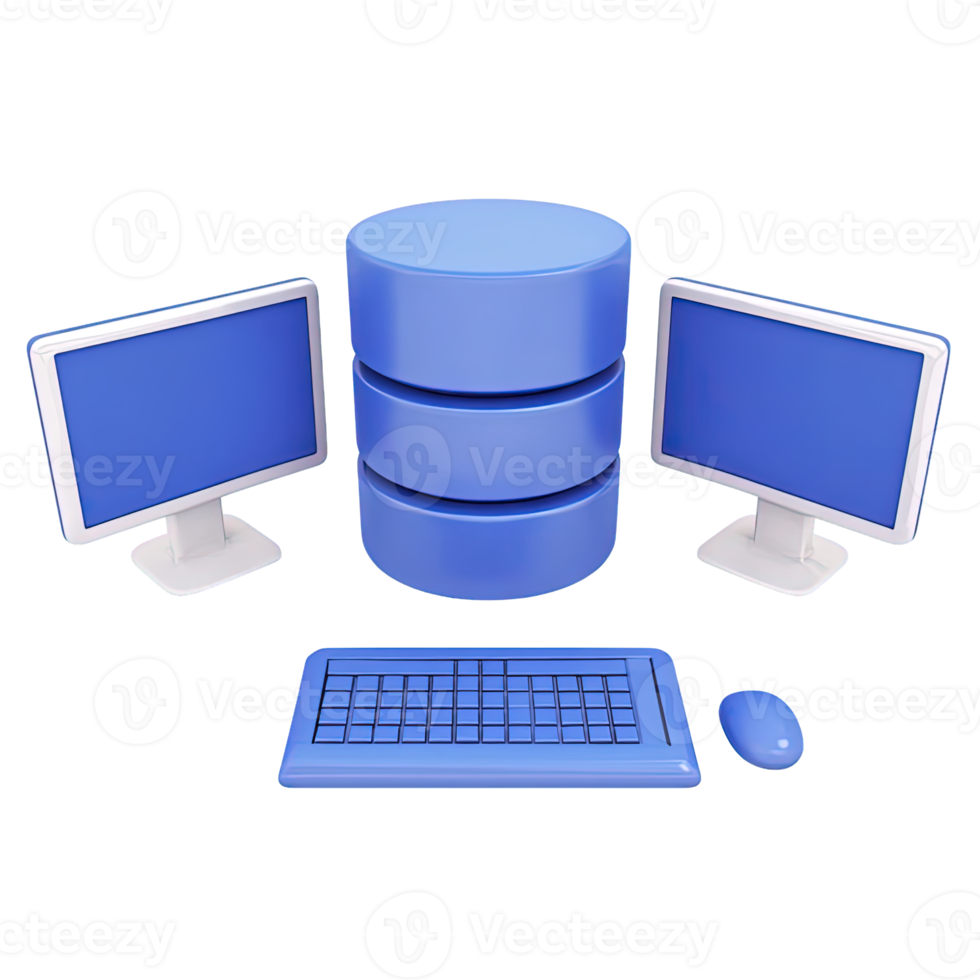 3D workstation two monitors keyboard mouse server database stack for IT infrastructure and data management Isolated rendered graphic for network admin and tech png