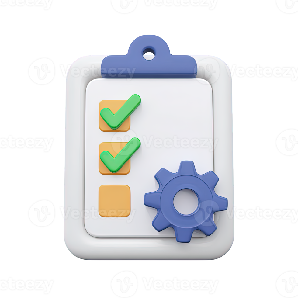 3D clipboard checklist green checkmarks blue gear for completed process check or approved system setup Isolated rendered graphic for successful quality control png