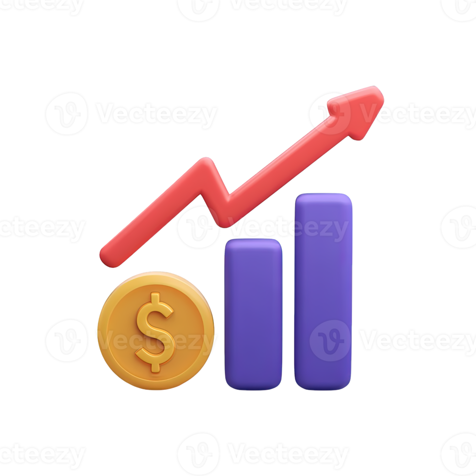 3D bar chart with bold red upward arrow and gold dollar coin indicating strong financial growth and investment Isolated rendered graphic for market increase and economic boom concepts png