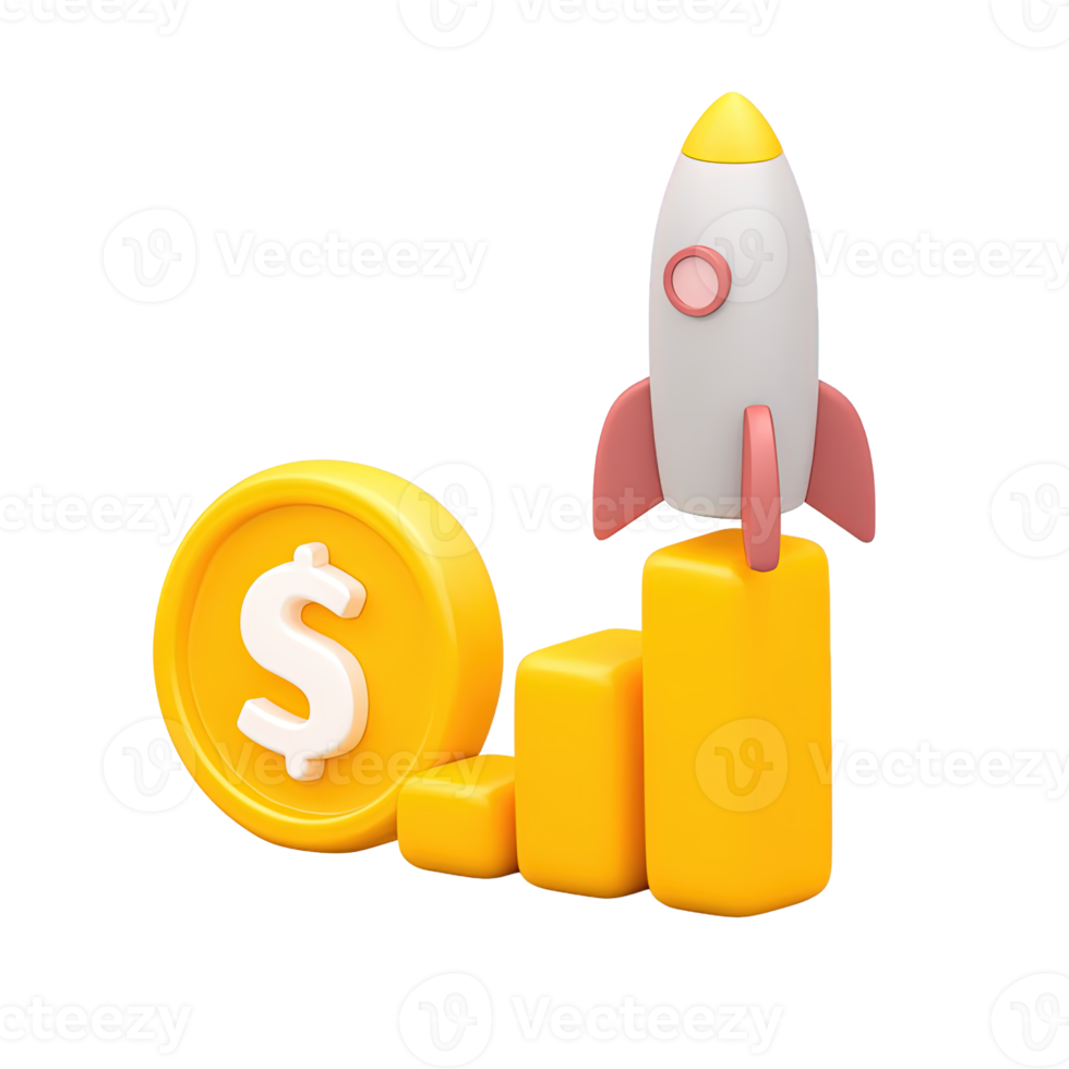 Dynamic 3D bar chart with colorful rising bars gold dollar coin and launching rocket representing rapid financial growth Isolated rendered graphic for successful investment and startup png