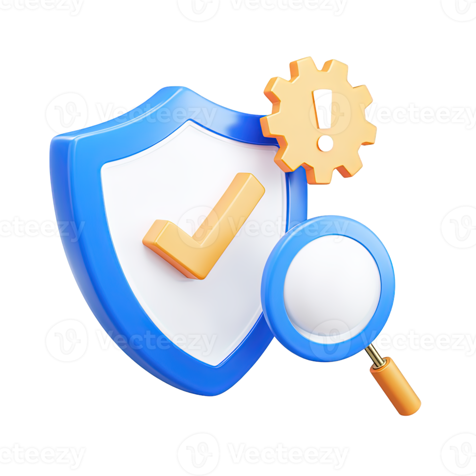 3D shield with checkmark magnifying glass for security audit safety inspection Isolated rendered graphic for verified protection risk analysis compliance png