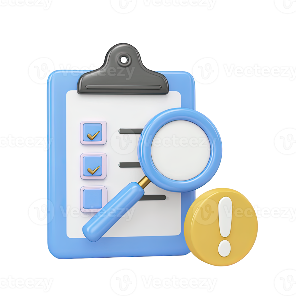 3D clipboard checklist magnifying glass exclamation mark for audit inspection with identified issue Isolated rendered graphic for critical report alert or problem png