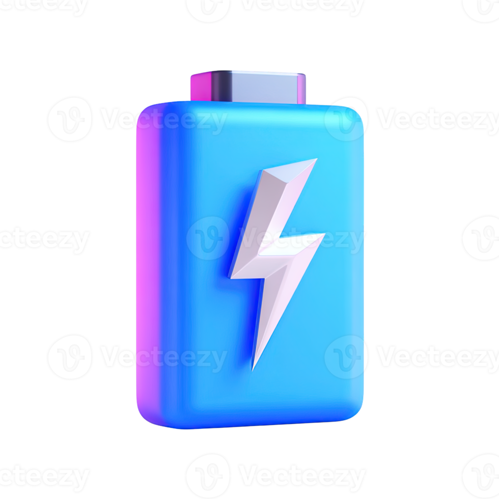 Vibrant blue purple gradient 3D battery with white lightning bolt representing energy and power supply Isolated rendered graphic for modern charging solutions and tech interface design png