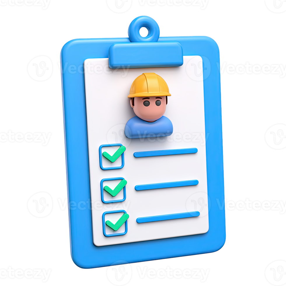 Blue 3D clipboard checklist construction worker icon for site inspection report or safety checklist Isolated rendered graphic for worker task assignment plan png