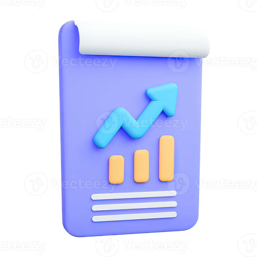 3D icon Blue clipboard with upward trending bar chart and arrow symbolizing positive report performance growth or successful project Isolated png