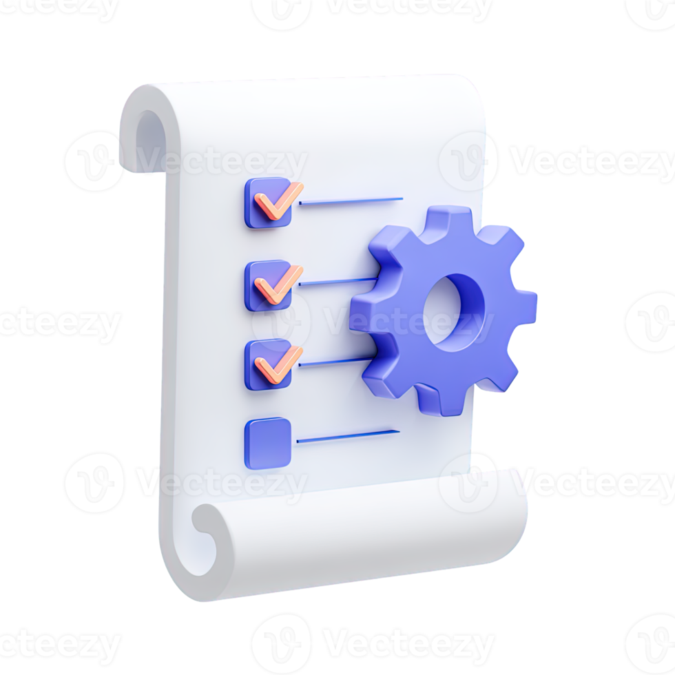 3D icon Rolled scroll with checklist and blue gear symbolizing project plan settings historical record configuration or process setup Isolated png