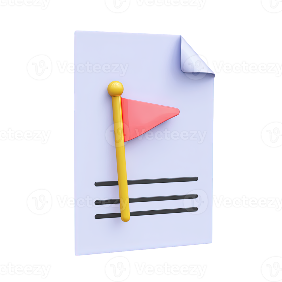 3D icon Document with a red flag on a pole representing important notice marked document project milestone or flagged item for review Isolated png