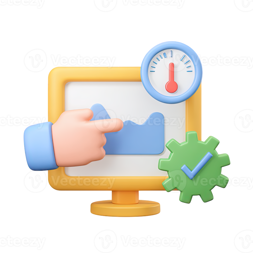 3D monitor dashboard graph hand thermometer gear checkmark for analytics performance monitoring Isolated rendered graphic for data-driven KPI control and optimization png