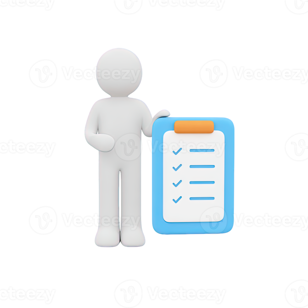 3D person holding a clipboard with a checklist, for task management, surveys, or inspections. Isolated rendered graphic for reports, to-do lists, and evaluation processes. png