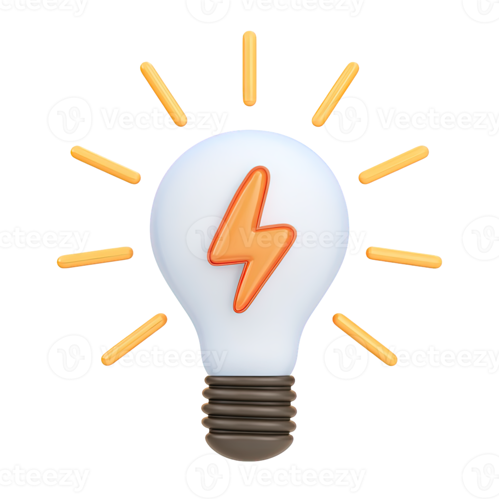 3D glowing lightbulb with an orange lightning bolt inside and light rays, representing a bright idea or sudden inspiration. Isolated rendered graphic for innovation and creative energy concepts. png