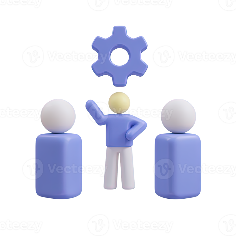 3D person leading a team with a gear symbol above, representing team leadership and project management. Isolated rendered graphic for collaborative process and workflow optimization. png