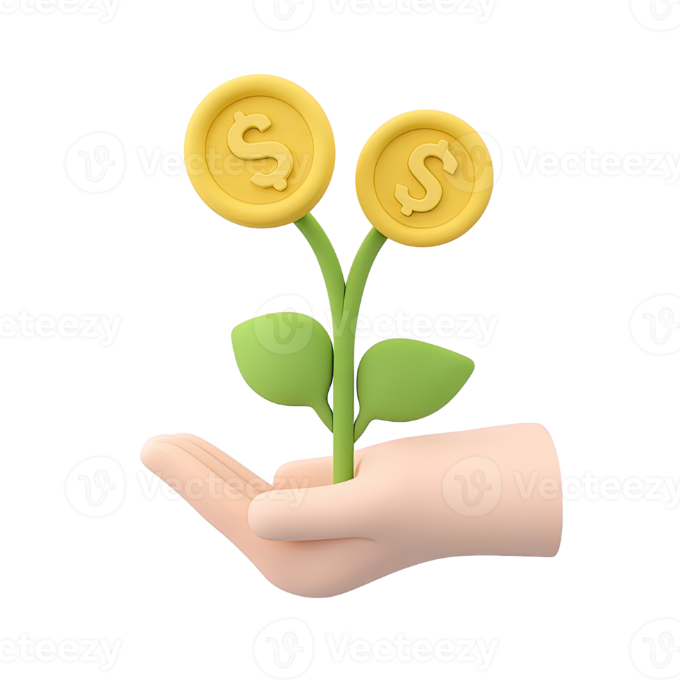 3D hand holding a sprouting plant with gold dollar coins as leaves, symbolizing financial growth and investment returns. Isolated rendered graphic for wealth accumulation and savings concepts. png