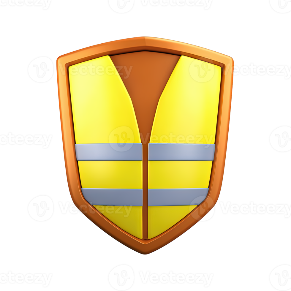 3D orange construction safety vest on a yellow shield, representing worker protection and high visibility gear. Isolated rendered graphic for construction site safety and security. png