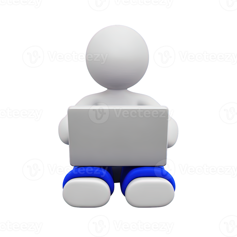 3D person figure sitting with a laptop, representing remote work, online learning, or a computer user. Isolated rendered graphic for digital lifestyle and freelance concepts. png