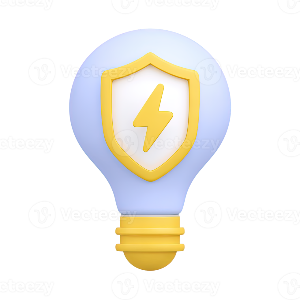 3D lightbulb with a yellow shield containing a lightning bolt, symbolizing protected ideas or secure energy. Isolated rendered graphic for intellectual property and safe innovation concepts. png