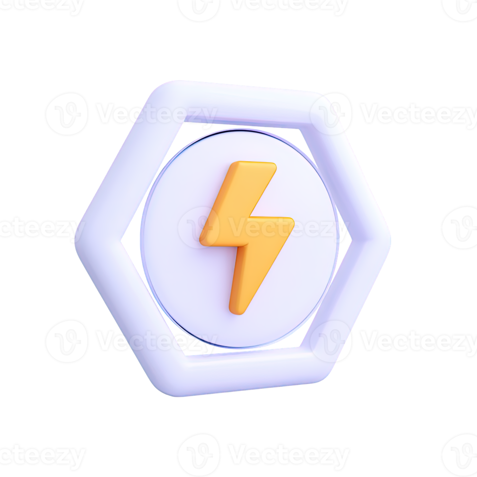 3D hexagonal white frame containing a yellow lightning bolt, symbolizing power, energy, and electricity. Isolated rendered graphic for technology, charging, and high voltage concepts. png
