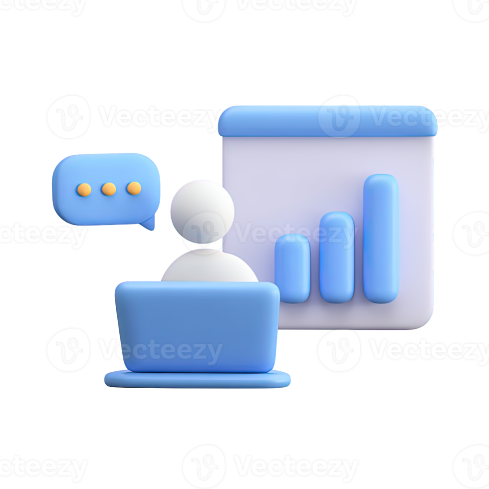 3D person at a laptop with a bar chart and speech bubble, for online presentation or data analysis. Isolated rendered graphic for remote work and business reporting concepts. png