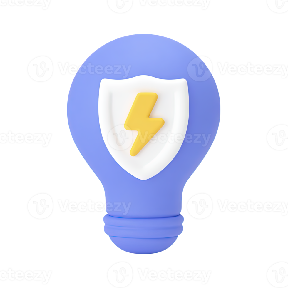 Blue 3D lightbulb with a white shield and yellow lightning bolt, representing secure ideas or protected energy. Isolated rendered graphic for safe innovation and reliable power concepts. png