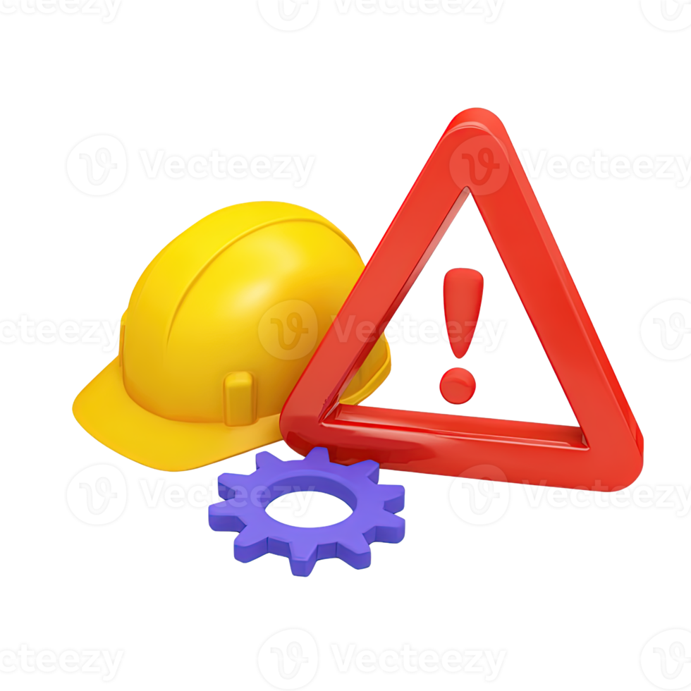 3D yellow hard hat, blue gear, and red warning triangle with exclamation mark. For construction safety and industrial hazard alert. Isolated rendered graphic for risk management concepts. png