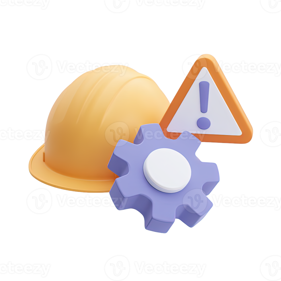 3D yellow hard hat, purple gear, and orange warning triangle with exclamation mark for workplace safety alert. Isolated rendered graphic for construction hazard and risk awareness. png