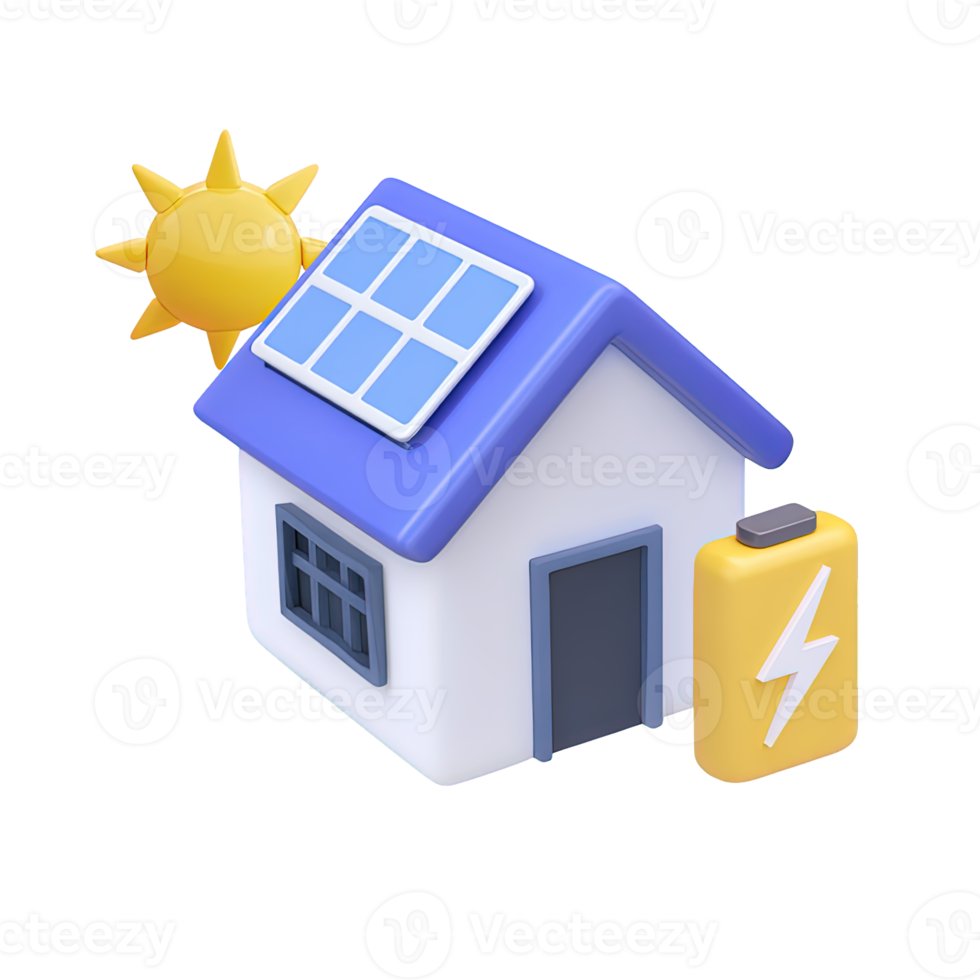 3D house with a solar panel on the roof and a battery with lightning bolt, representing solar home energy. Isolated rendered graphic for renewable power and sustainable living concepts. png