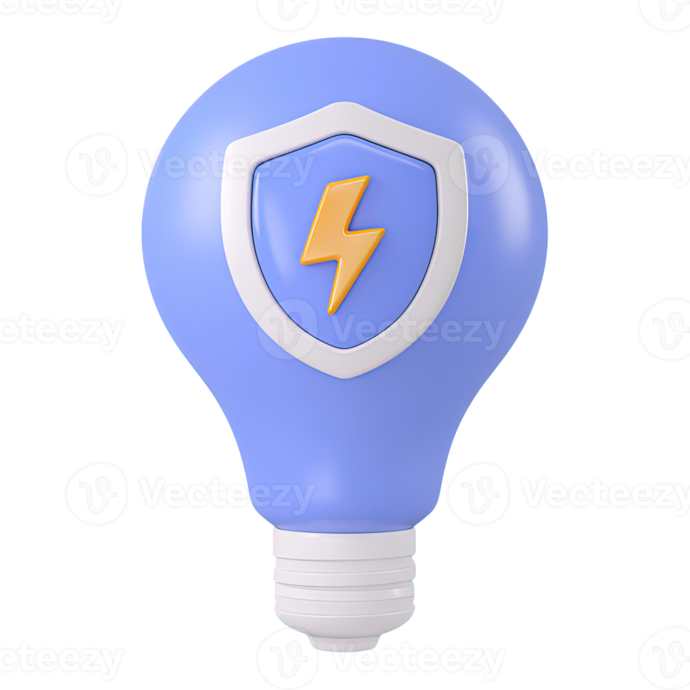 Blue 3D lightbulb with a detailed shield and orange lightning bolt, for protected innovation or secure energy. Isolated rendered graphic for intellectual property and safe power source concepts. png