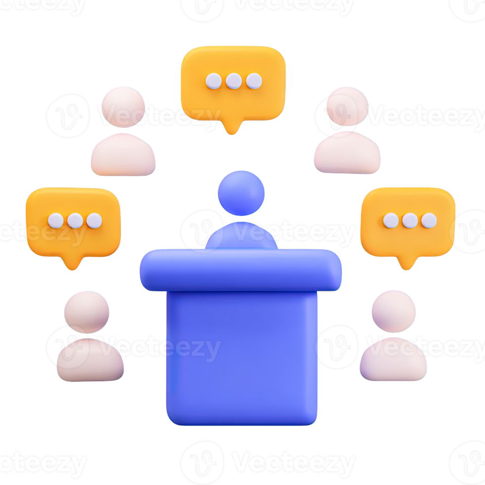 3D person at a podium addressing an audience, with speech bubbles, for conferences or public speaking. Isolated rendered graphic for seminars and group communication. png