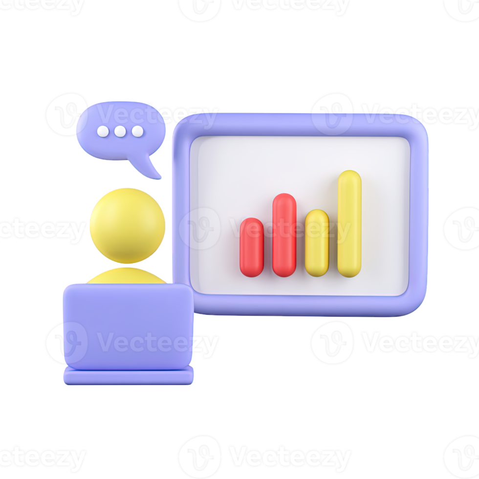 3D person at a desk with a bar chart and speech bubble, symbolizing a business presentation or financial report. Isolated rendered graphic for data visualization and communication. png