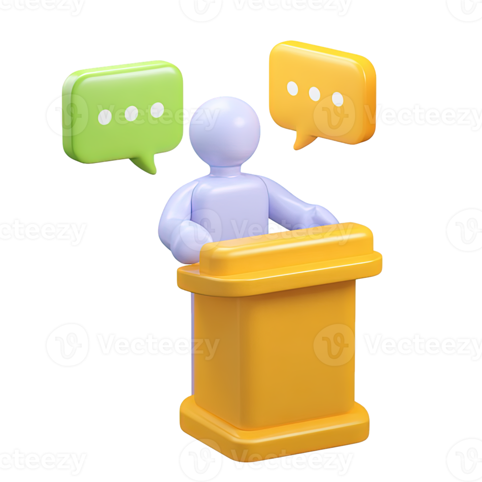 3D person standing at a yellow podium with speech bubbles, for a presentation, speech, or lecture. Isolated rendered graphic for public speaking and announcement concepts. png