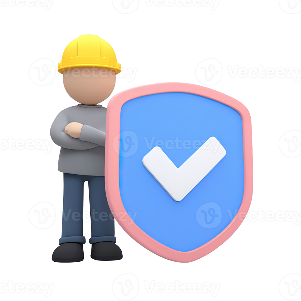 3D construction worker in a hard hat holding a blue shield with a checkmark, symbolizing verified safety. Isolated rendered graphic for worker protection and site security. png
