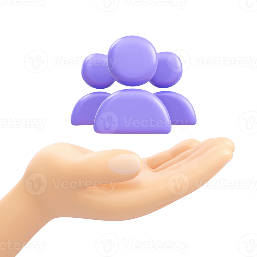 3D hand holding a group of abstract purple people figures, symbolizing community, teamwork, and support. Isolated rendered graphic for social networks, collaboration, and user group concepts. png