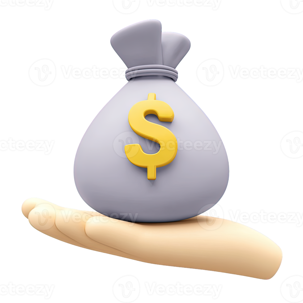 3D hand holding a grey money bag with a prominent gold dollar sign, symbolizing finance, savings, and investment. Isolated rendered graphic for wealth accumulation and economic concepts. png