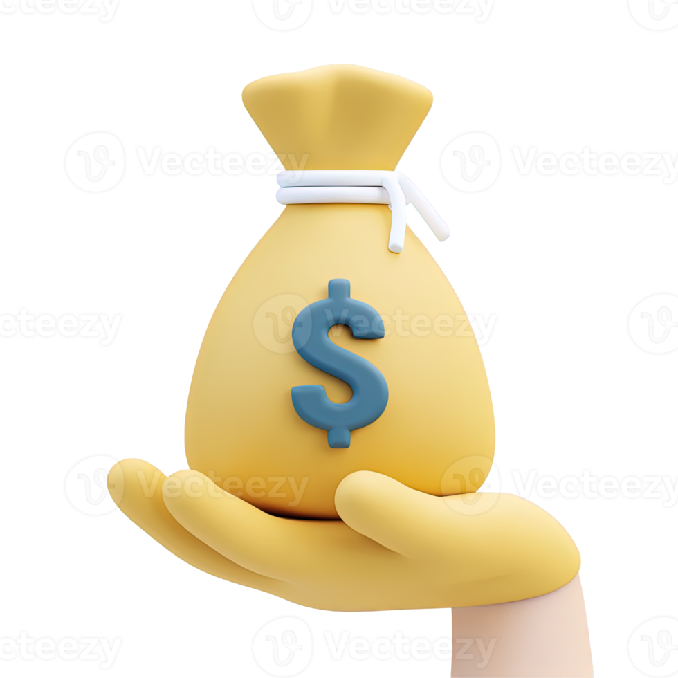 3D hand presenting a yellow money bag with a blue dollar sign, symbolizing financial resources, savings, or investment. Isolated rendered graphic for currency and economic concepts. png