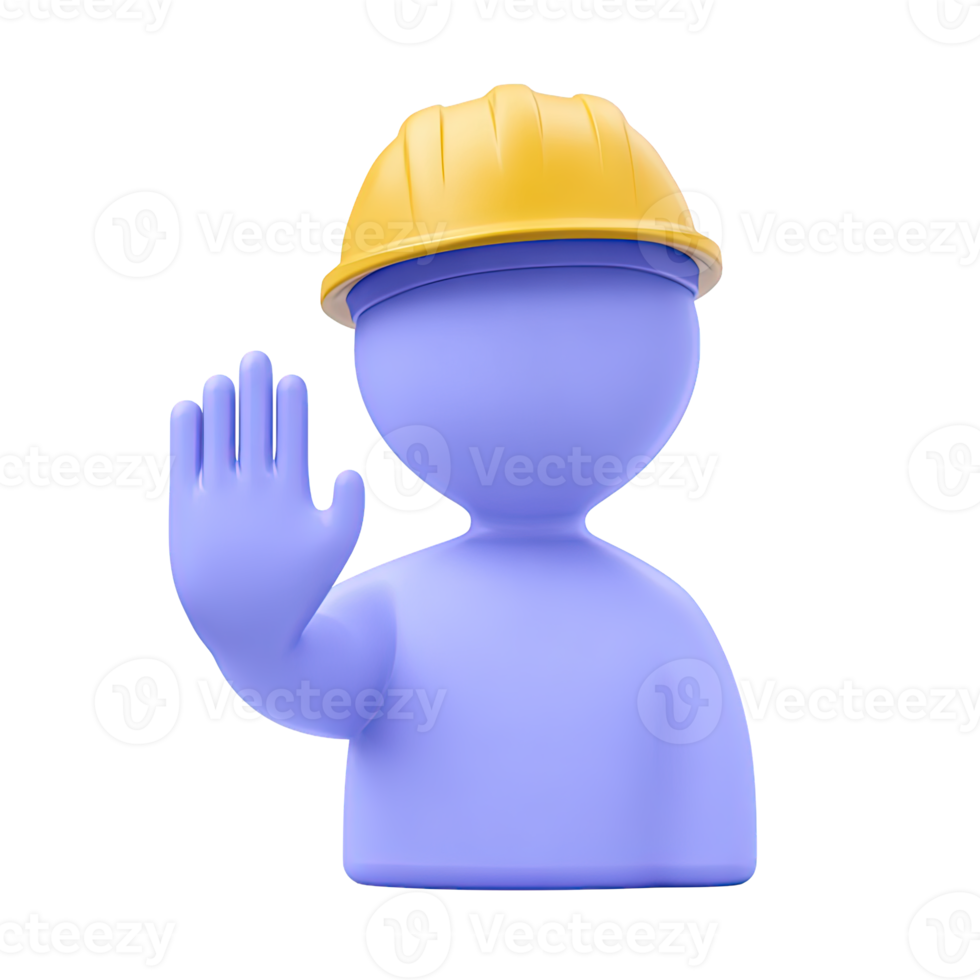 3D construction worker figure in a yellow hard hat making a stop gesture with their hand. For safety warnings or work halt. Isolated rendered graphic for danger alert. png